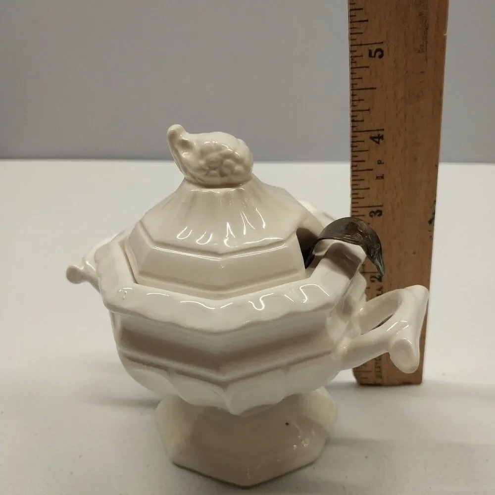 Vintage Ivory Ceramic Covered Sugar Bowl Grape Pedestal w/ Original Metal Spoon